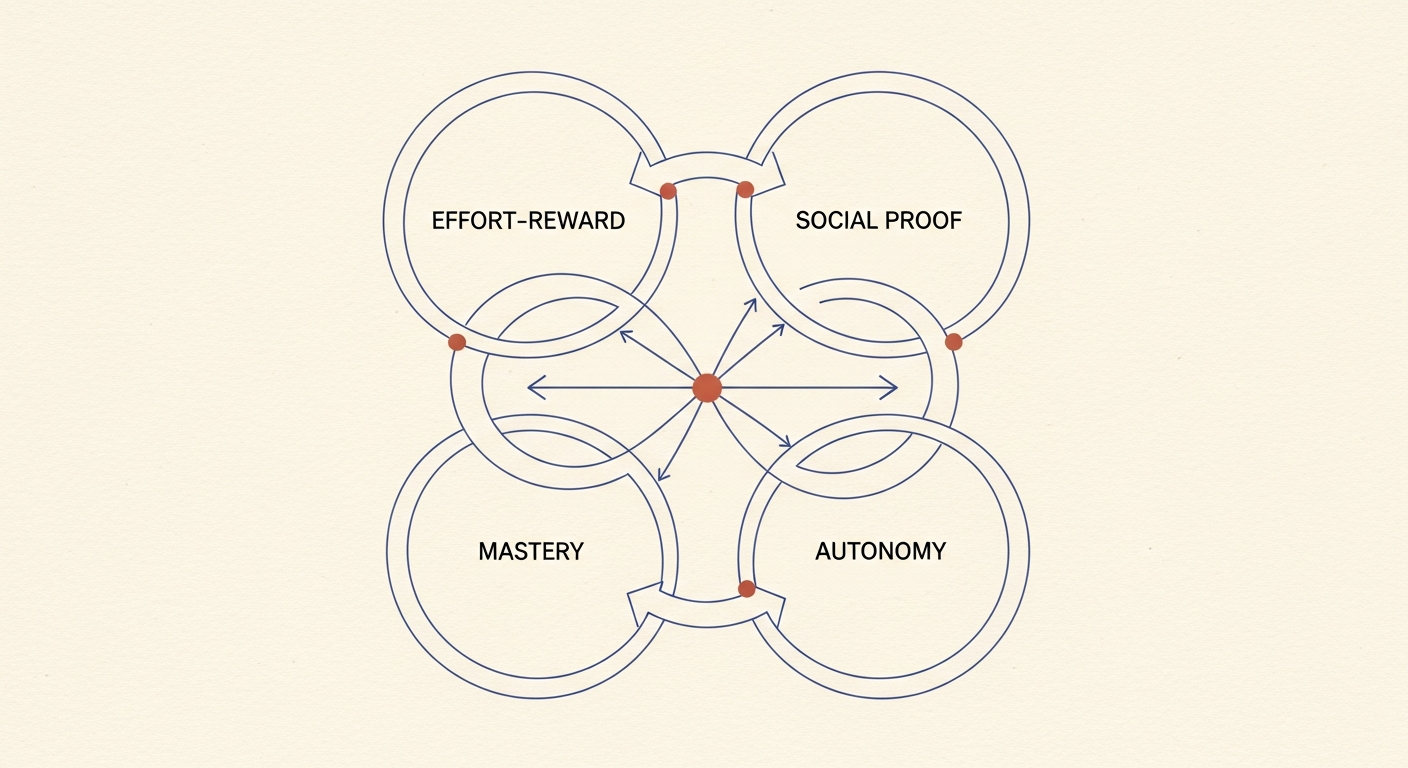 AI_IMAGE: Elegant systems diagram on cream paper showing four interconnected loops labeled Effort-Reward, Social Proof, Mastery, and Autonomy, with connecting arrows in Persian blue and terracotta accent nodes, minimal clean line art style | editorial illustration | landscape