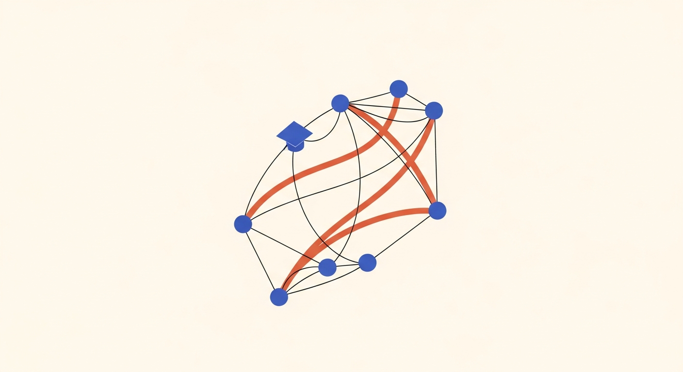 AI_IMAGE: Clean diagram showing a directed acyclic graph of curriculum nodes on off-white background, nodes are small circles in Persian blue connected by thin lines, with three highlighted paths in terracotta showing different learner journeys through the same material | editorial illustration | landscape