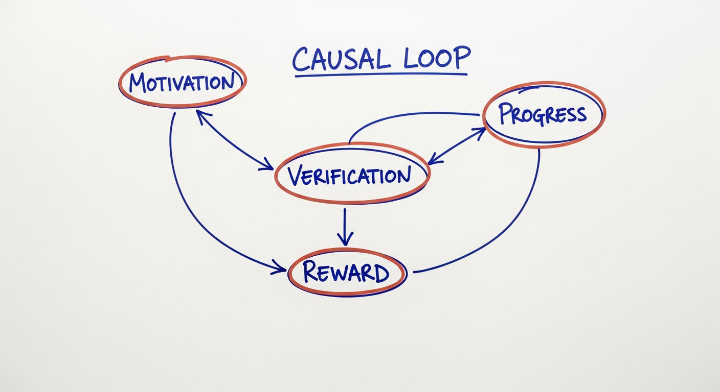 AI_IMAGE: Clean whiteboard photograph showing a hand-drawn causal loop diagram with arrows connecting labeled nodes like Motivation, Verification, Progress, and Reward, drawn in dark blue marker on white surface with terracotta colored highlight circles at key nodes | documentary photography | landscape
