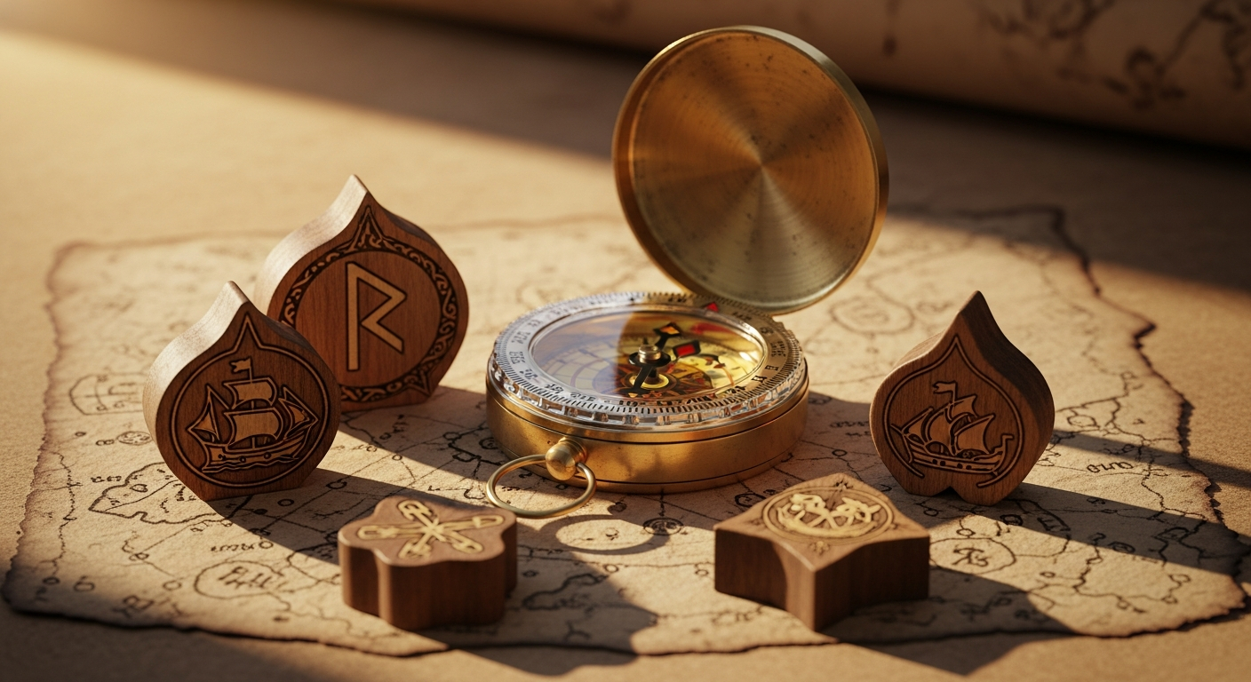 AI_IMAGE: Close-up of carved wooden game tokens and an antique compass on a weathered parchment surface, warm natural light casting soft shadows, evoking strategic depth beyond superficial rewards | editorial photography | 16:9