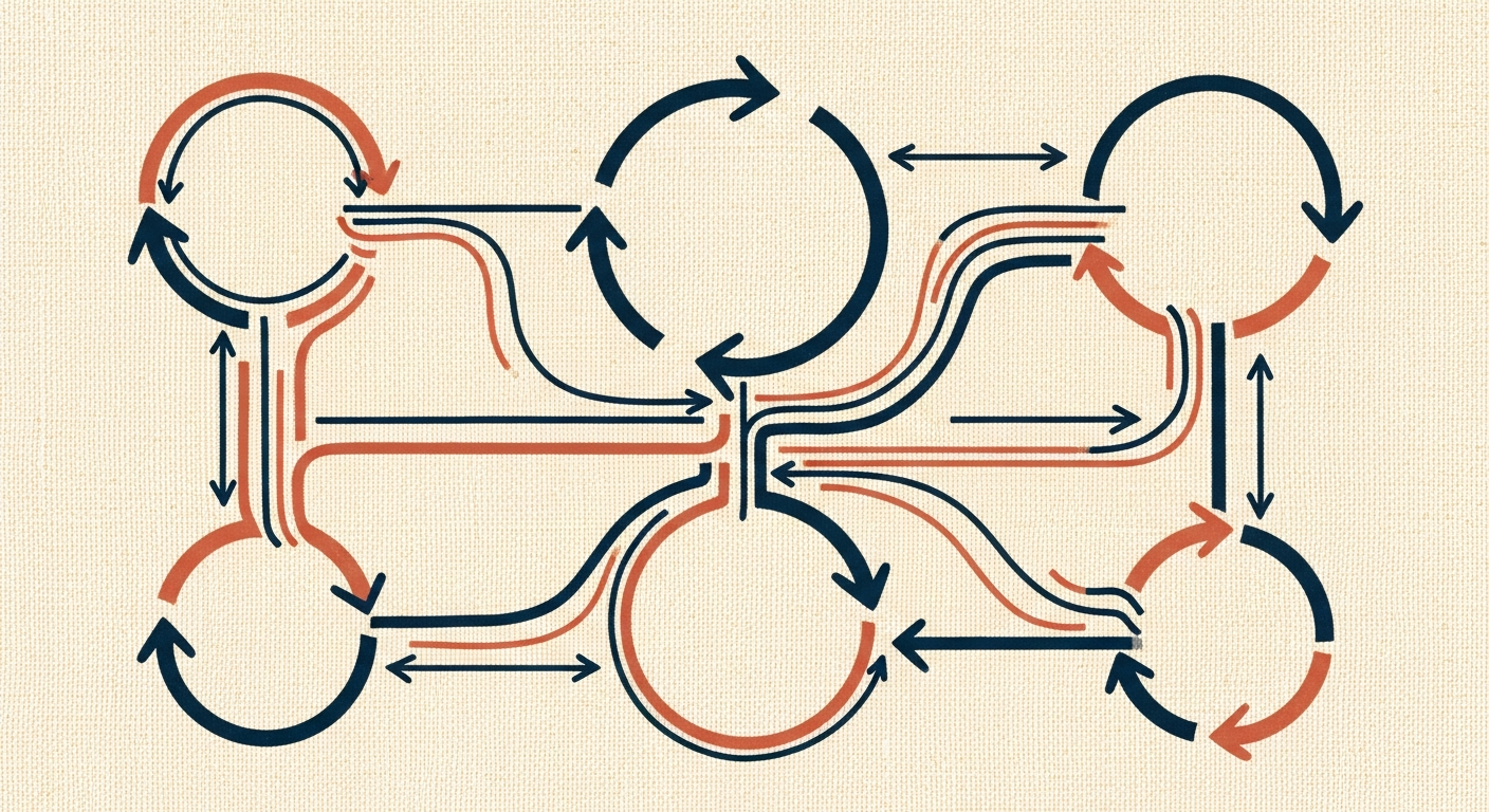 AI_IMAGE: Abstract diagram of interconnecting circular arrows and flow paths on a warm linen-textured background, rendered in deep navy blue and terracotta ink lines, suggesting reinforcing and balancing feedback loops in a living system | editorial illustration | 16:9