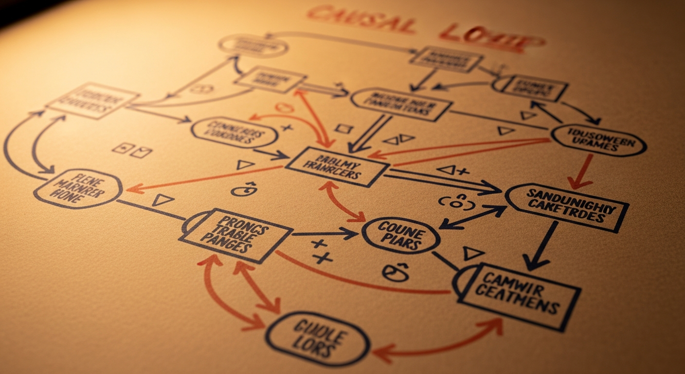 AI_IMAGE: Close-up of hand-drawn causal loop diagram on brown kraft paper with terracotta and navy blue marker lines, arrows connecting labeled nodes, warm studio lighting | documentary detail | 16:9