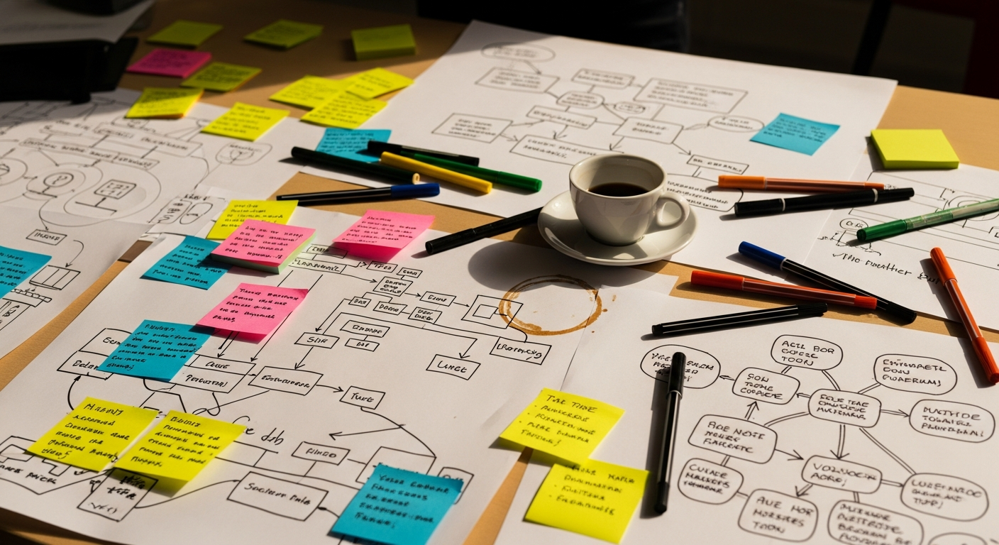 AI_IMAGE: Overhead view of a workshop table covered in sticky notes, hand-drawn system diagrams on butcher paper, colored markers, and a coffee cup, warm ambient lighting, documentary style | editorial photography | 16:9