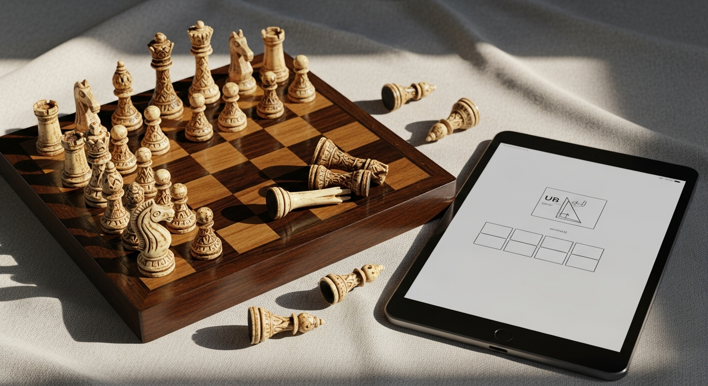 AI_IMAGE: Elegant flat lay of an antique Persian Shatranj chess set with carved bone pieces on a wooden board, beside a modern tablet showing a minimal UX wireframe, warm natural light on linen cloth | editorial still life | 16:9