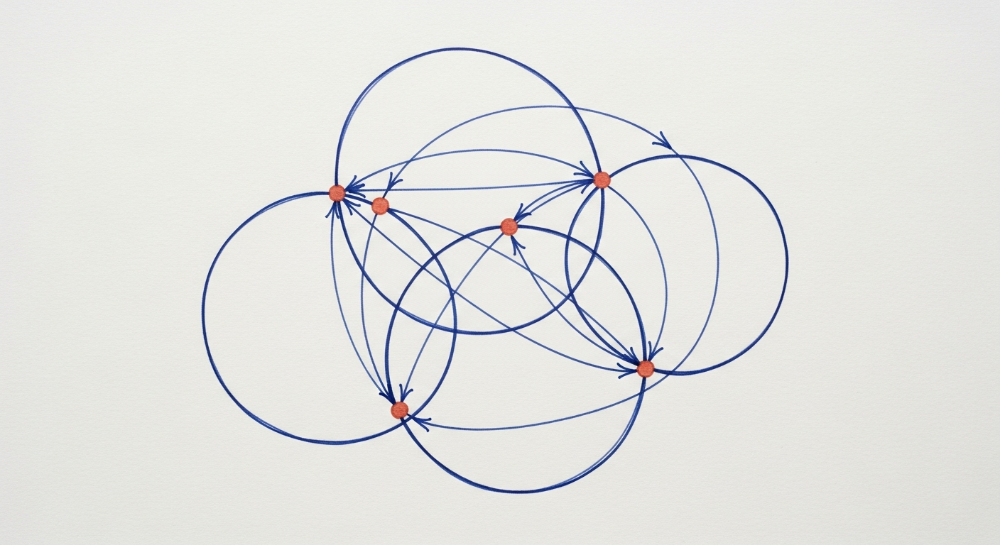 AI_IMAGE: Abstract overhead view of a systems diagram drawn in Persian blue ink on cream paper, showing interconnected circular loops with arrows, small terracotta dots marking key nodes, clean minimalist composition with generous whitespace | photorealistic | landscape