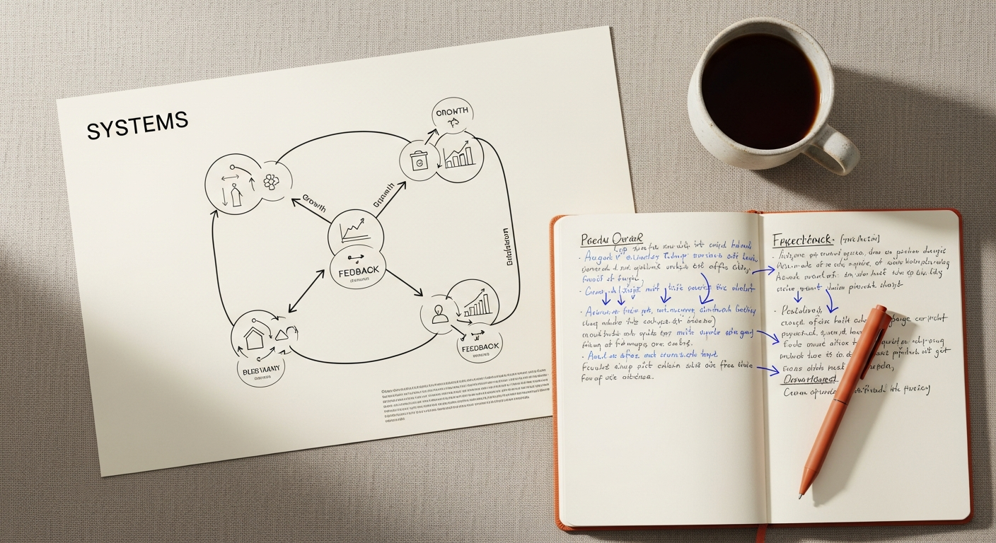 AI_IMAGE: Elegant flat-lay of a printed systems diagram on cream paper showing interconnected growth loops and feedback cycles, beside a notebook with handwritten annotations, a terracotta pen, and a cup of black tea on a linen surface — warm scholarly aesthetic, soft directional light | photorealistic | landscape