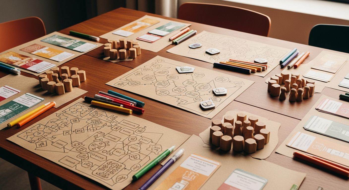 AI_IMAGE: Warm overhead photograph of a collaborative workshop table covered with colorful game cards, system mapping diagrams on kraft paper, colored markers, and small wooden game tokens arranged in clusters — soft natural light from a nearby window, linen and terracotta tones | photorealistic | landscape