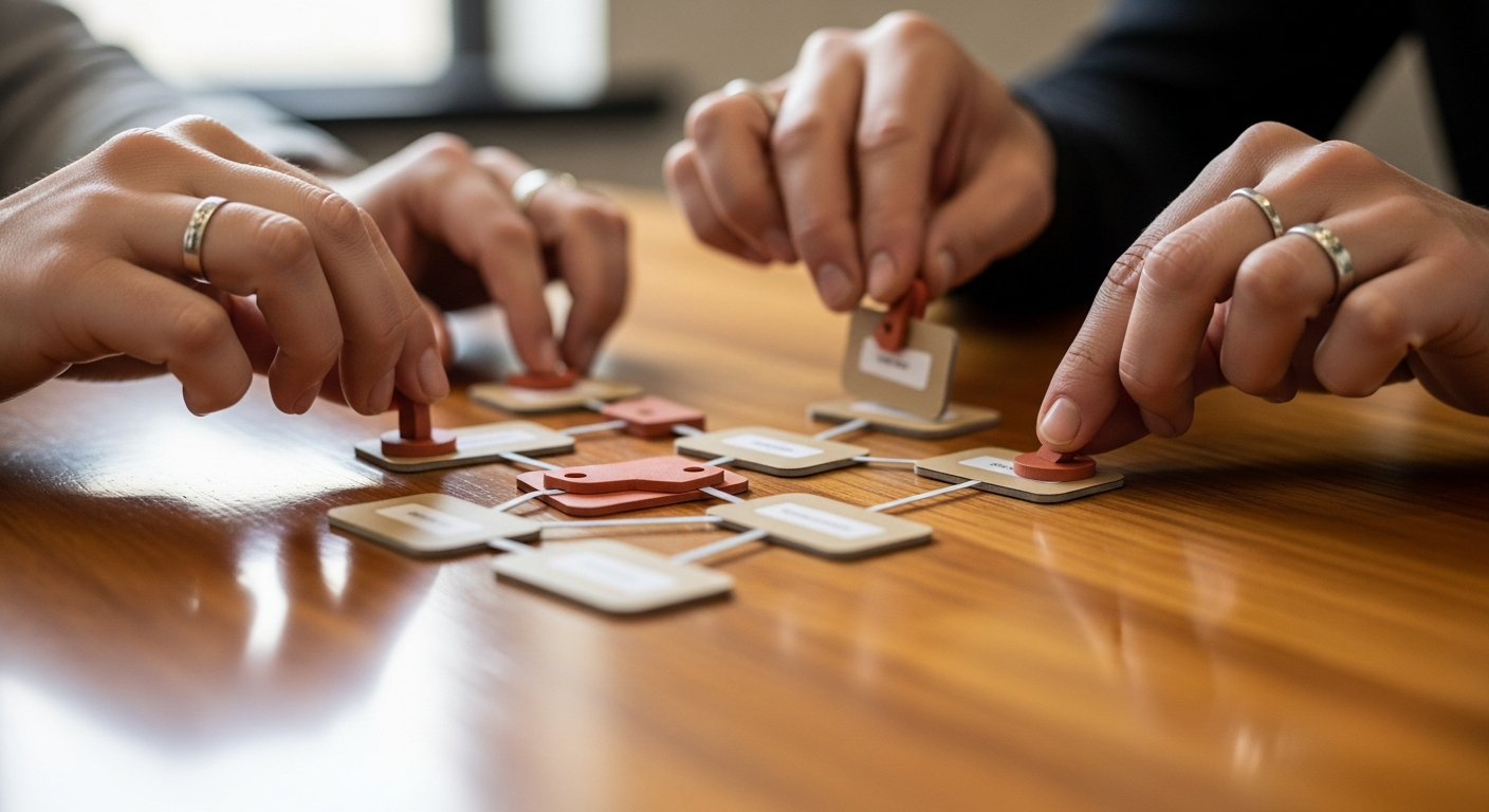 AI_IMAGE: Close-up of hands arranging interconnected node cards on a warm wooden table during a design workshop, soft depth of field, natural daylight, muted earth tones with small terracotta accent tokens | photorealistic | landscape
